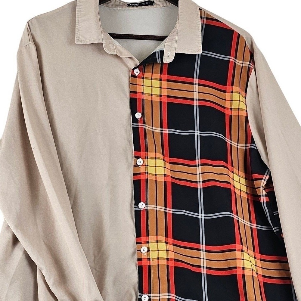 Romwe Mens XXL Tan Plaid Split Panel Button Up Shirt Long Sleeve Colorblock